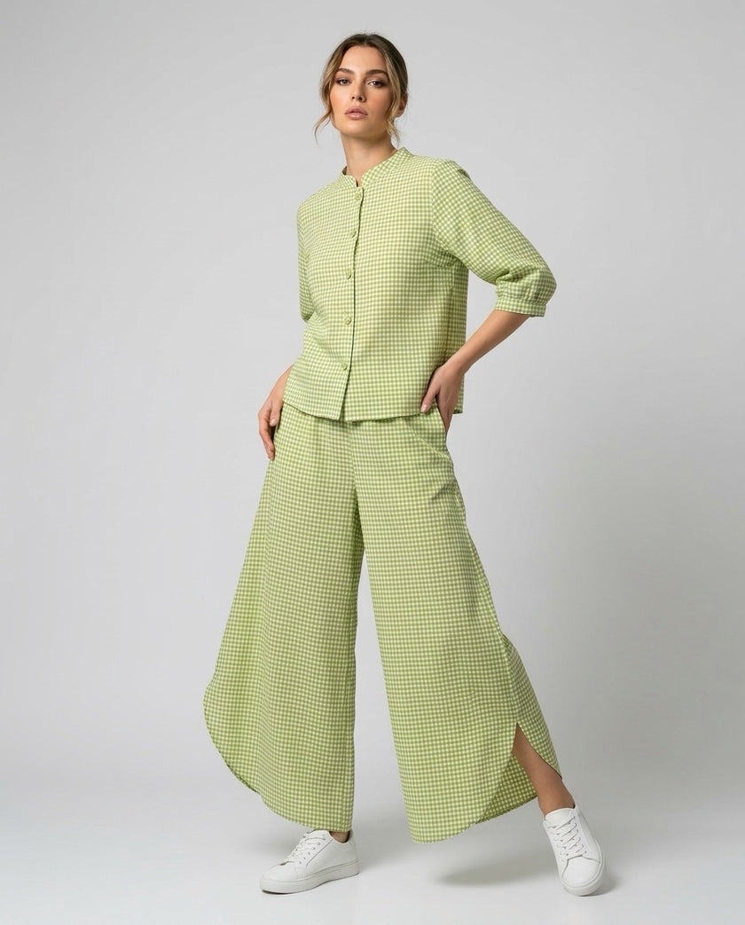 Gingham Check Shirt and Culotte Set - Khaki Green