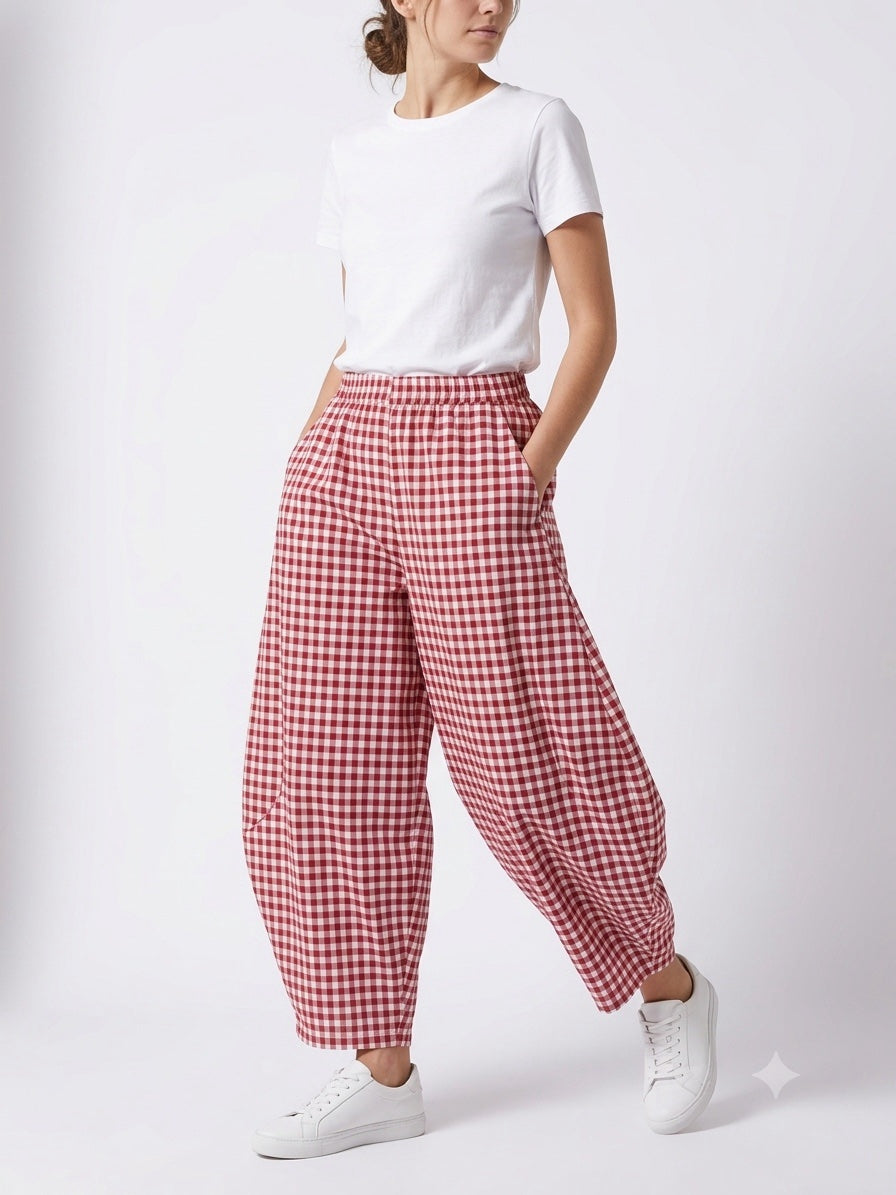 Made in Italy Gingham Check barrel leg Trouser  - Dark Red