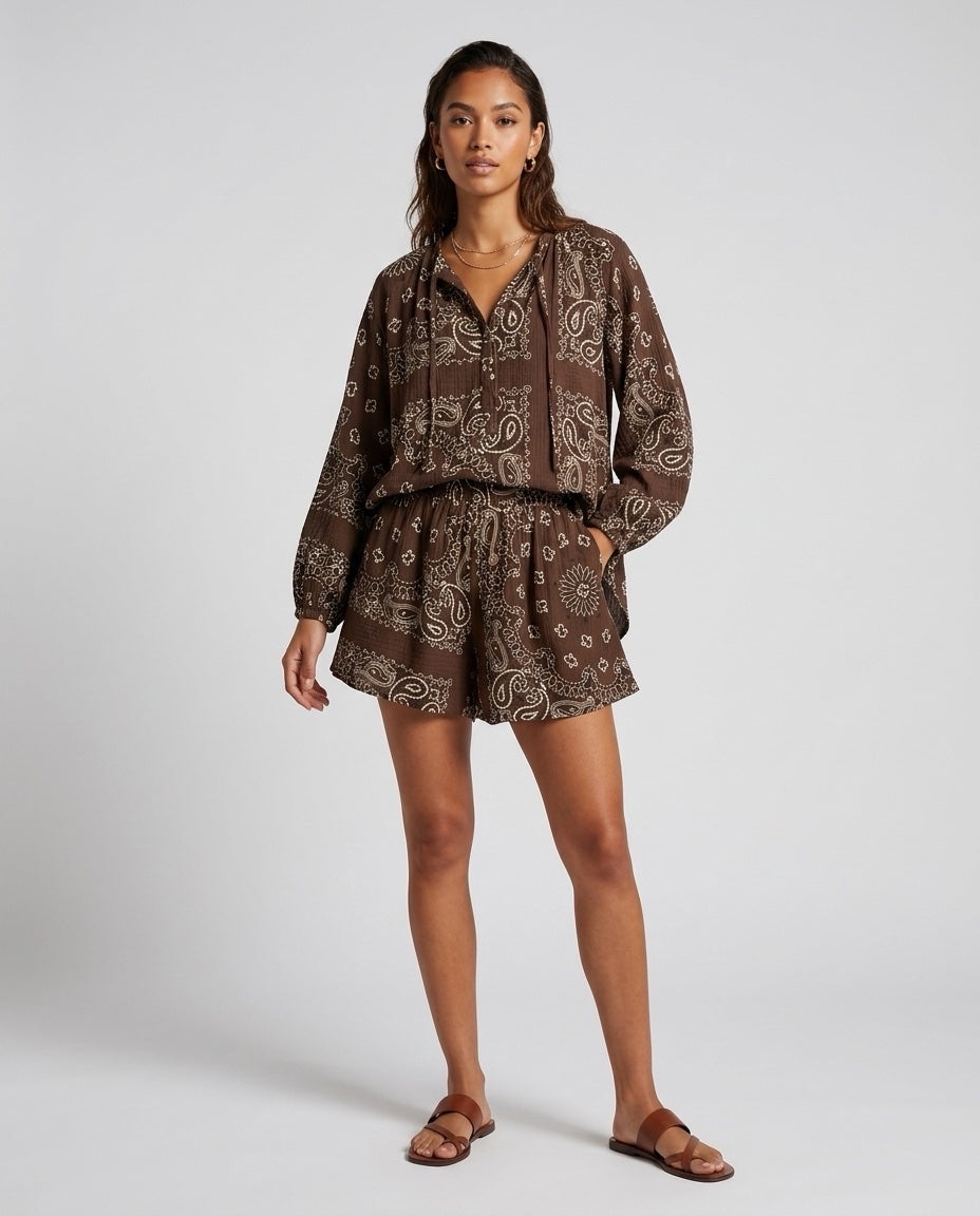 Made in Italy Peasant Blouse and Tiered Shorts Set - Coffee