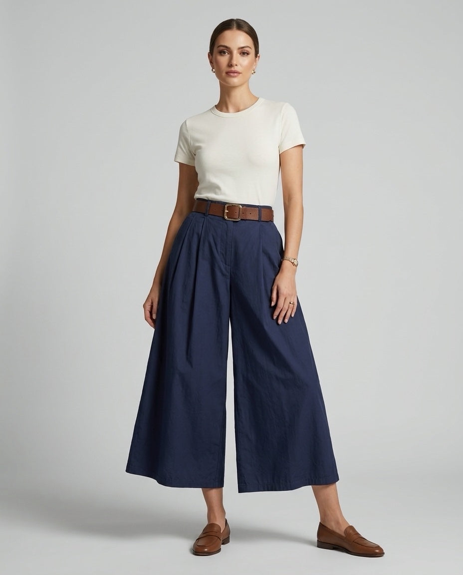 Made in Italy Pleated Wide Leg Palazzo Trouser - Navy Blue