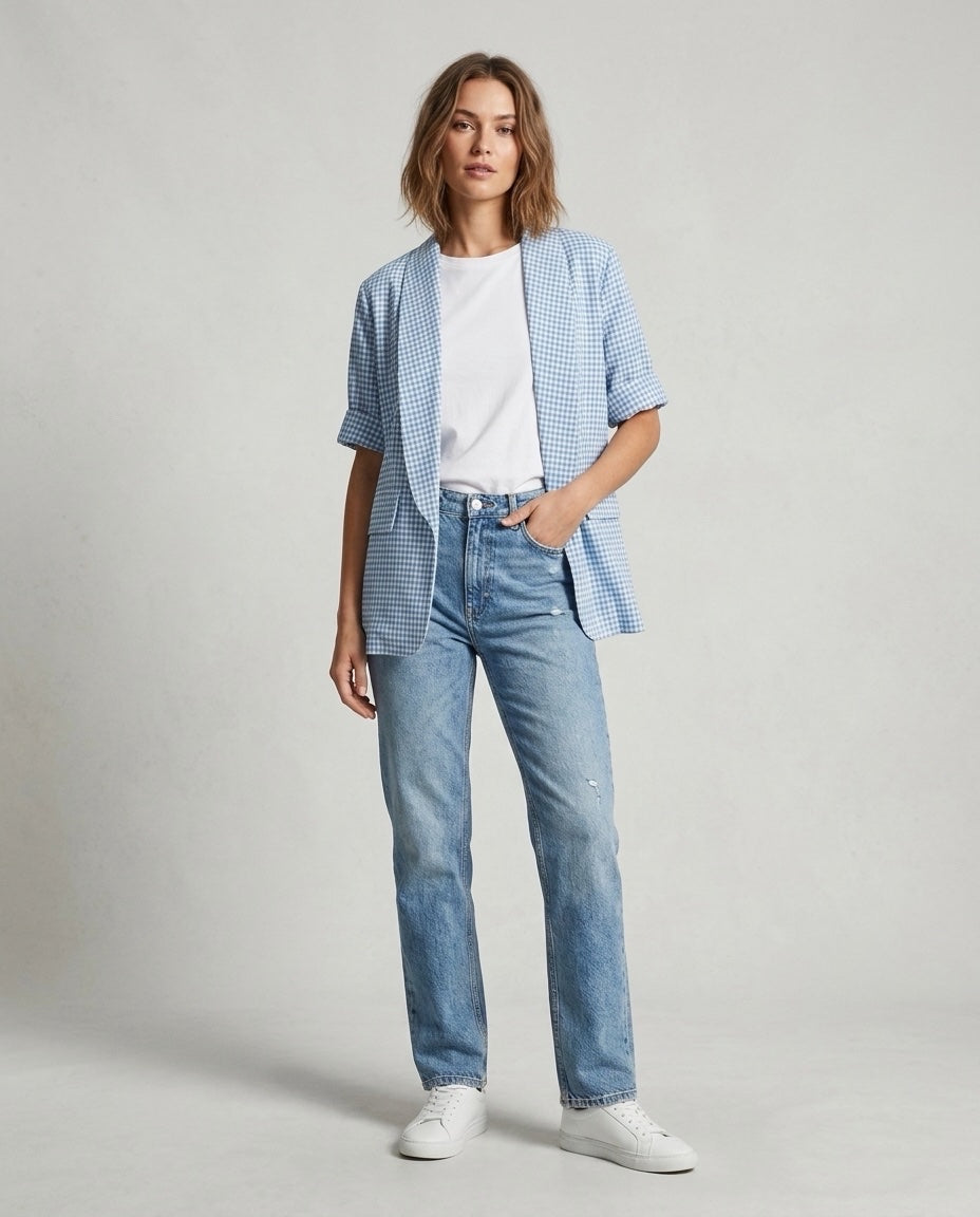 Made in Italy Checked Short Sleeve Blazer - Denim