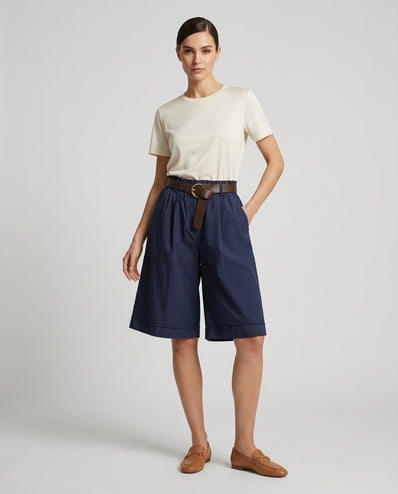 Made in Italy High-Waisted Cotton Wide-Leg Shorts with Belt - Navy