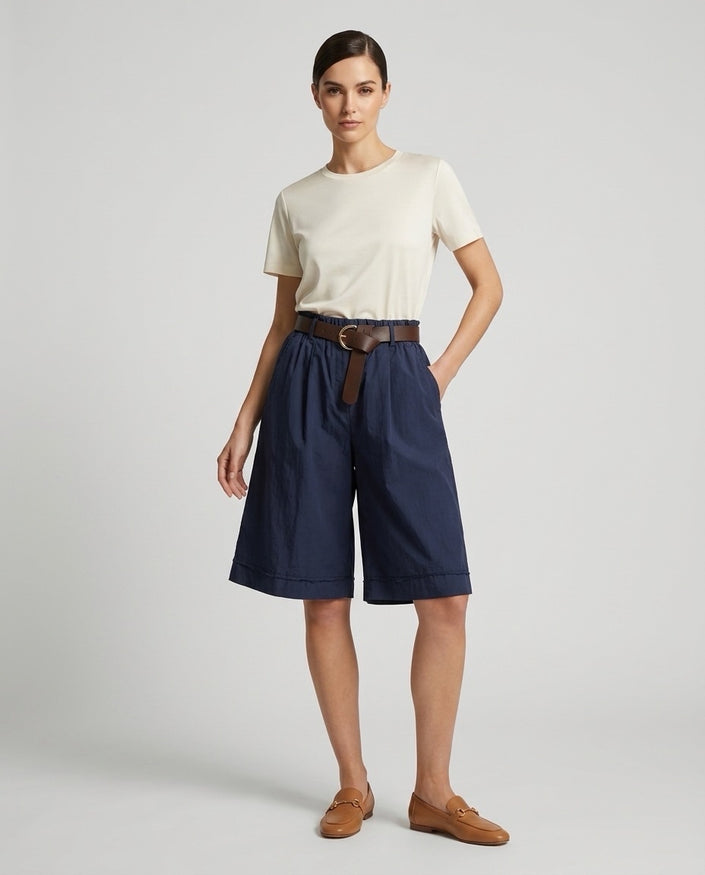 Made in Italy High-Waisted Cotton Wide-Leg Shorts with Belt - Navy