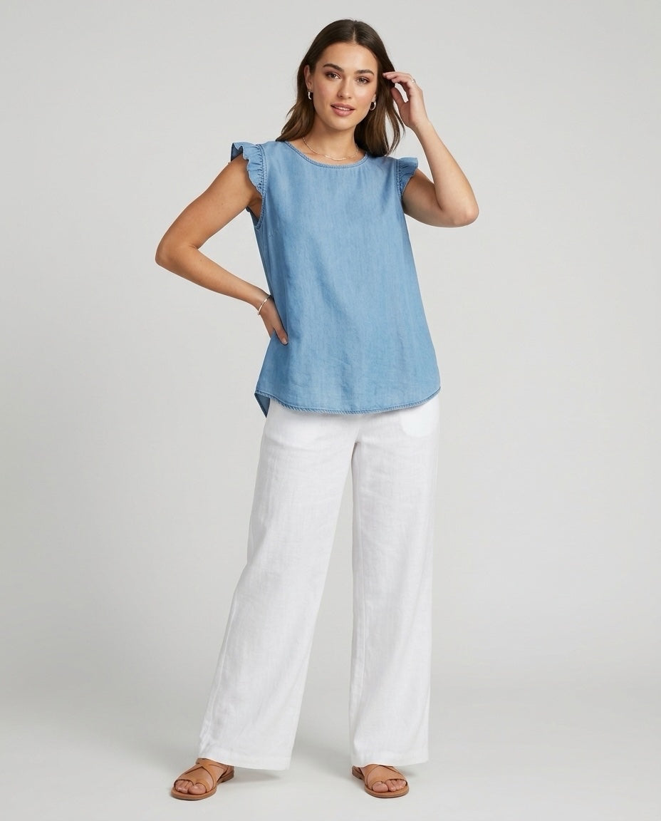 Made in Italy Ruffle Sleeve Denim Blouse with Back Button - Denim