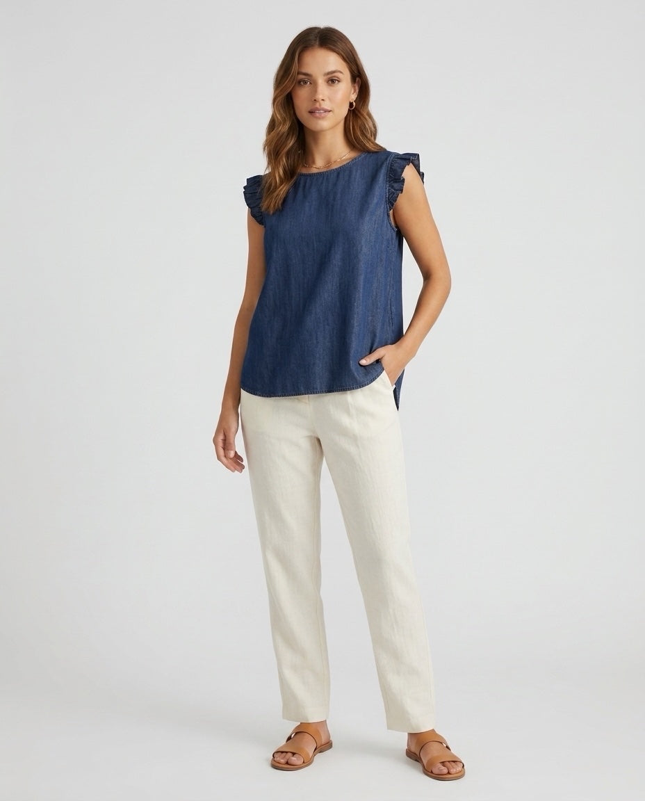 Made in Italy Ruffle Sleeve Denim Blouse with Back Button - Midnight