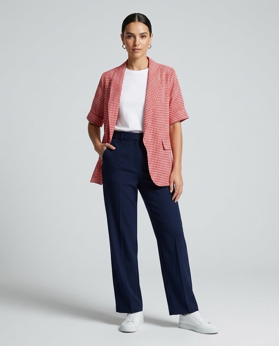 Made in Italy Checked Short Sleeve Blazer - Coral Red