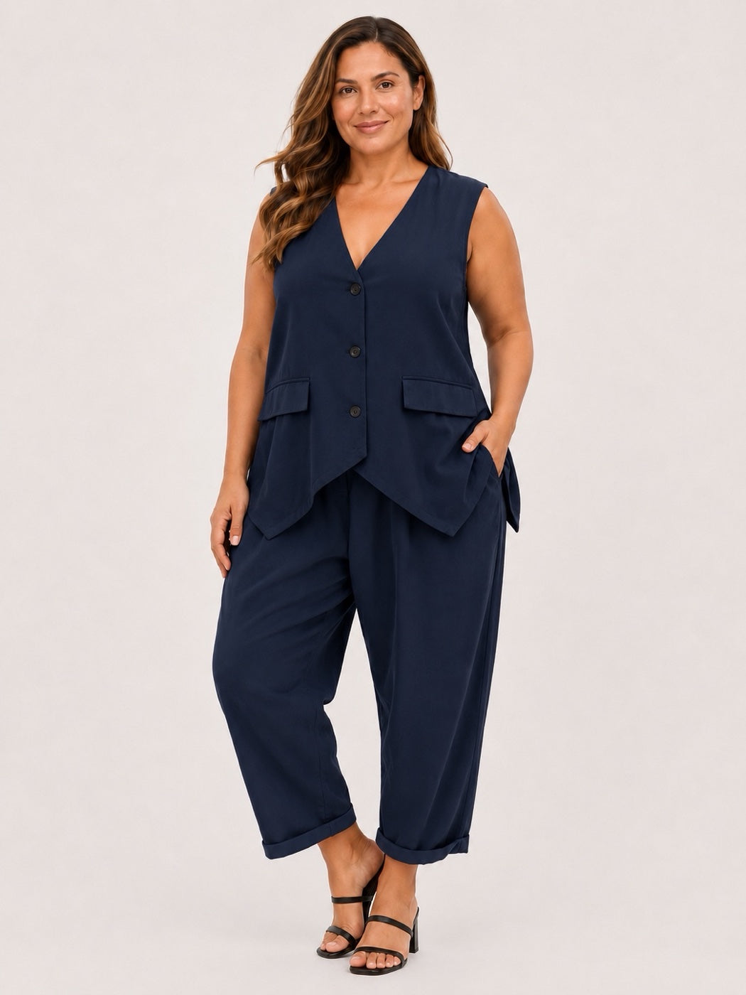 Made in Italy Stretch Cotton Blend Roll-Up Trouser - Navy