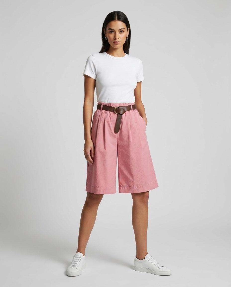 Made in Italy High-Waisted Cotton Wide-Leg Shorts with Belt - Bubblegum