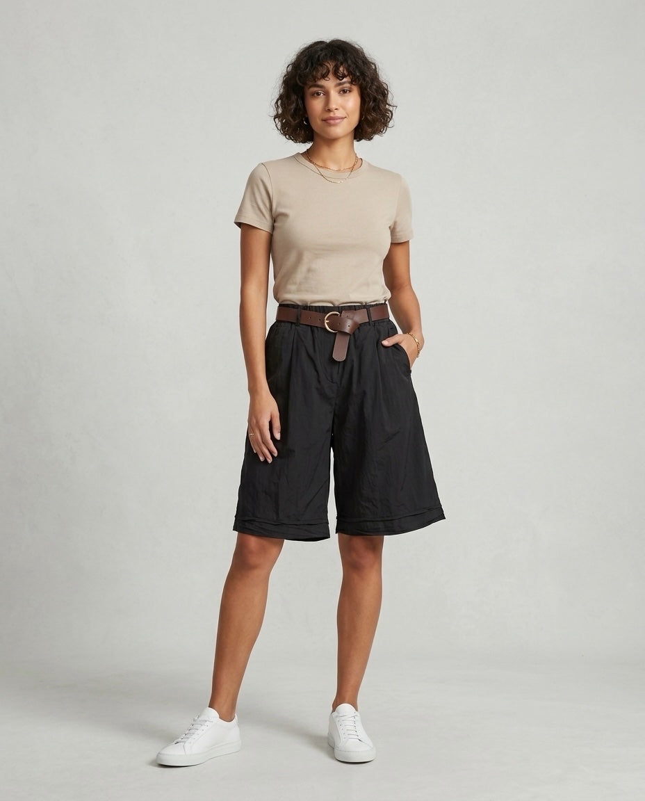 Made in Italy High-Waisted Cotton Wide-Leg Shorts with Belt - Black