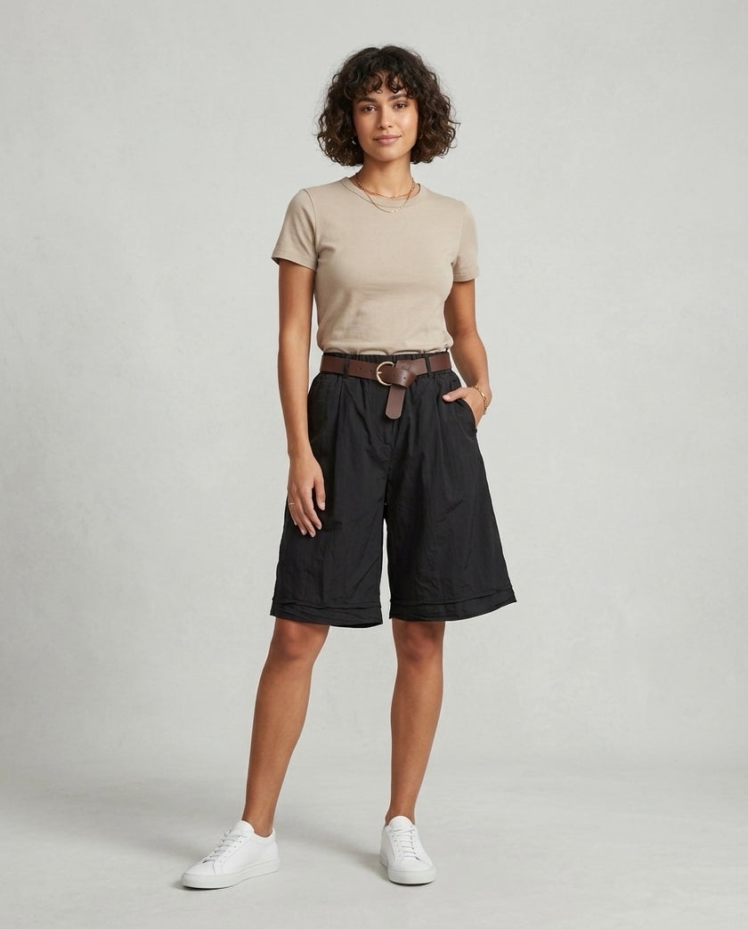Made in Italy High-Waisted Cotton Wide-Leg Shorts with Belt - Black