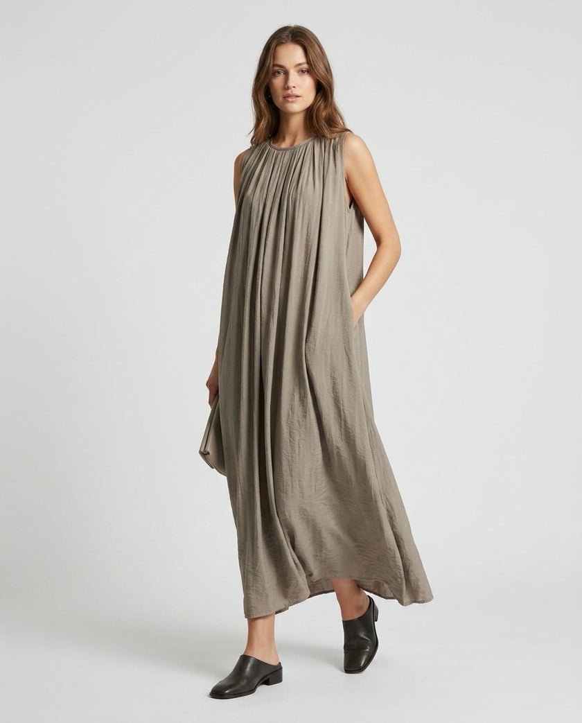 Made in Italy Gathered Yoke Maxi Dress - Stone