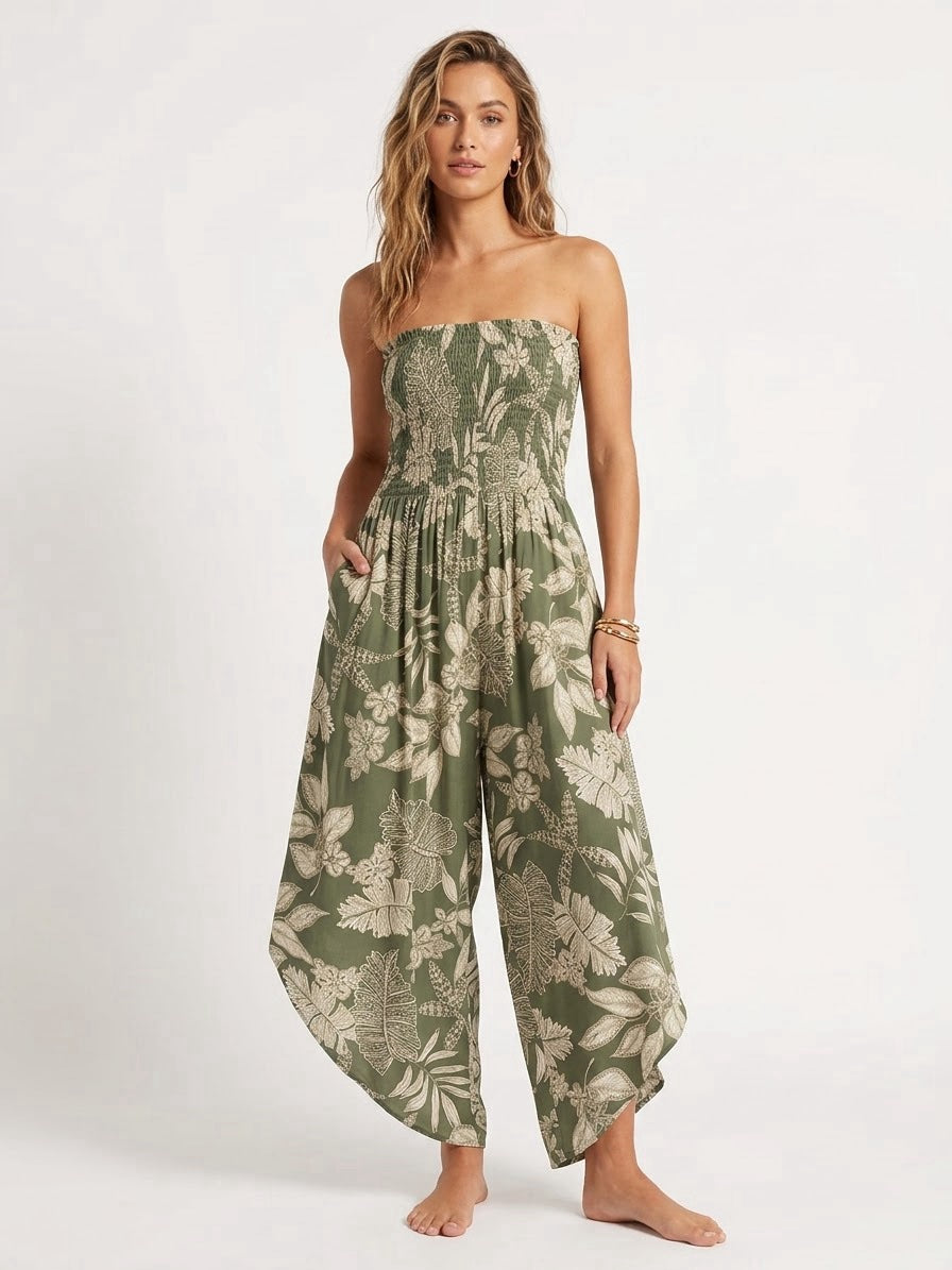 Made in Italy Smocked Strapless Jumpsuit - Dark Olive Green