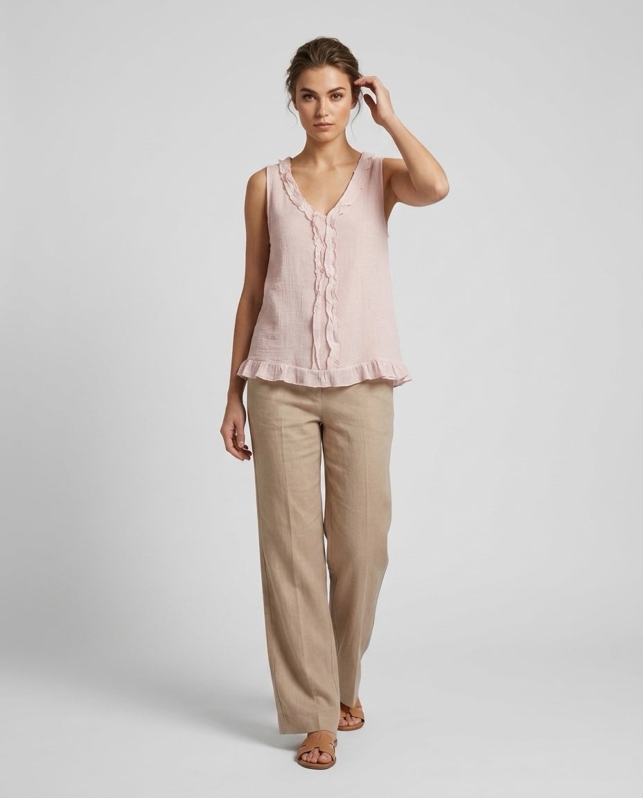 Made in Italy Ruffled V-Neck Sleeveless Blouse - Baby Pink