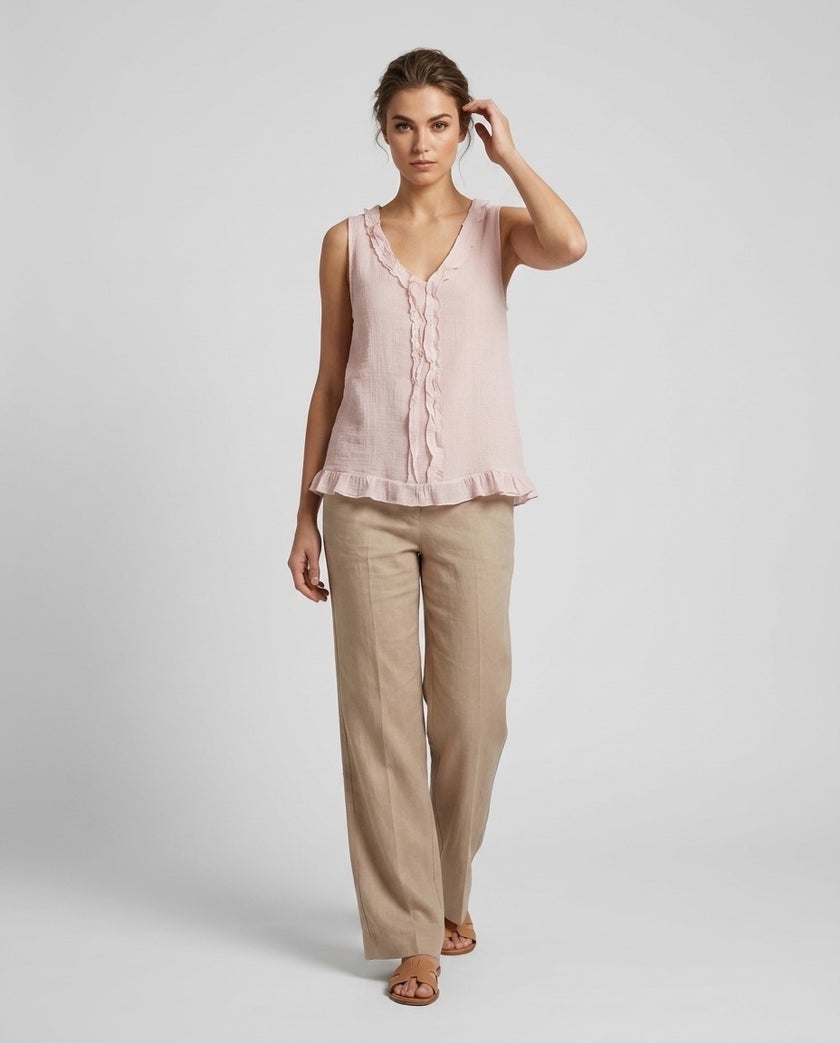 Made in Italy Ruffled V-Neck Sleeveless Blouse - Baby Pink