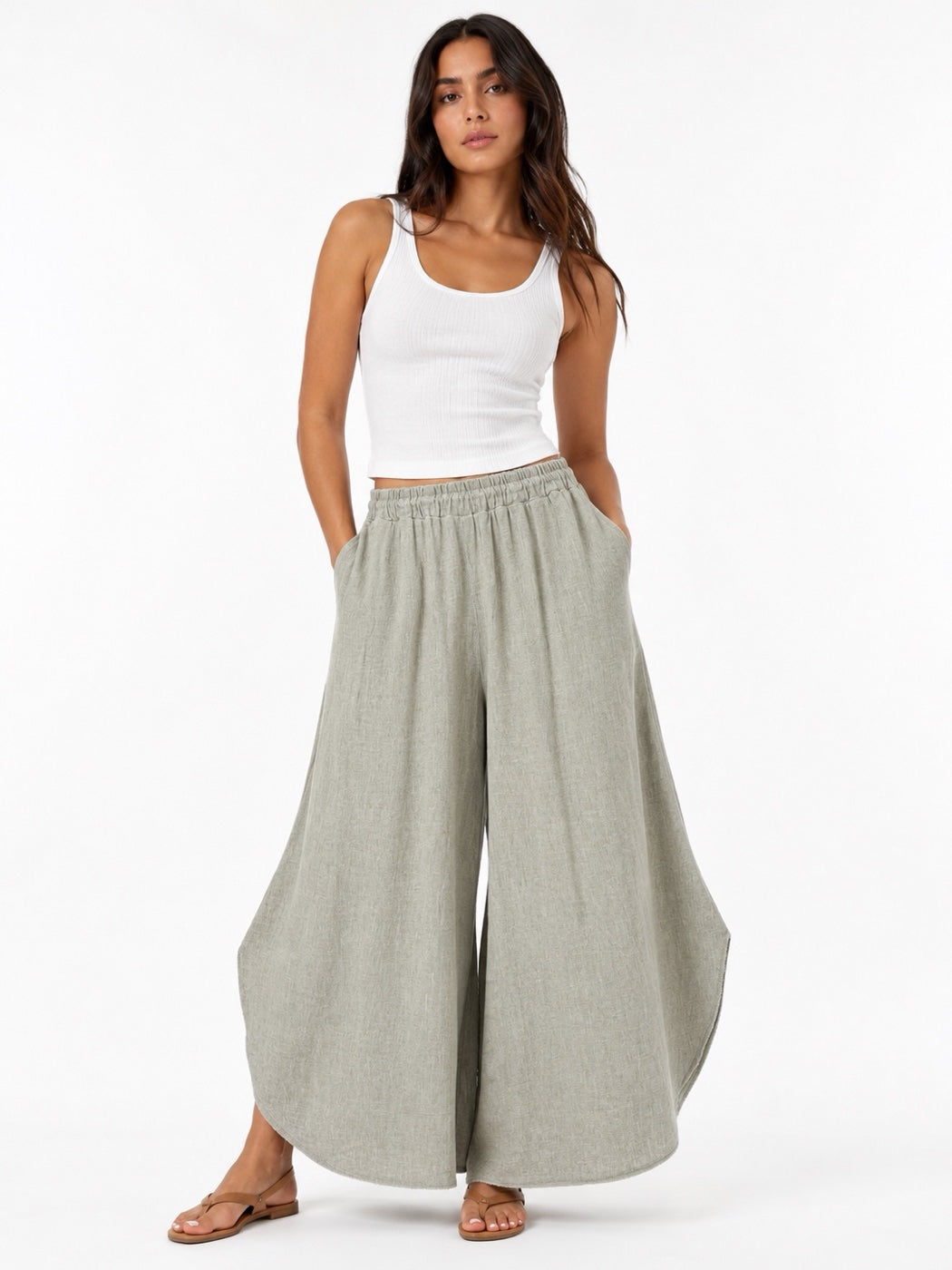 Made in Italy Wide-Leg Linen Blend Palazzo Trousers - Olive
