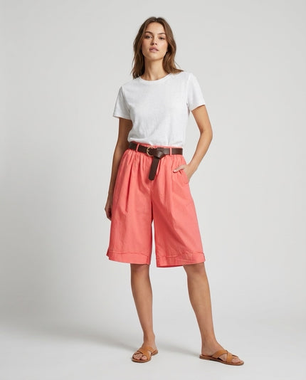 Made in Italy High-Waisted Cotton Wide-Leg Shorts with Belt - Coral