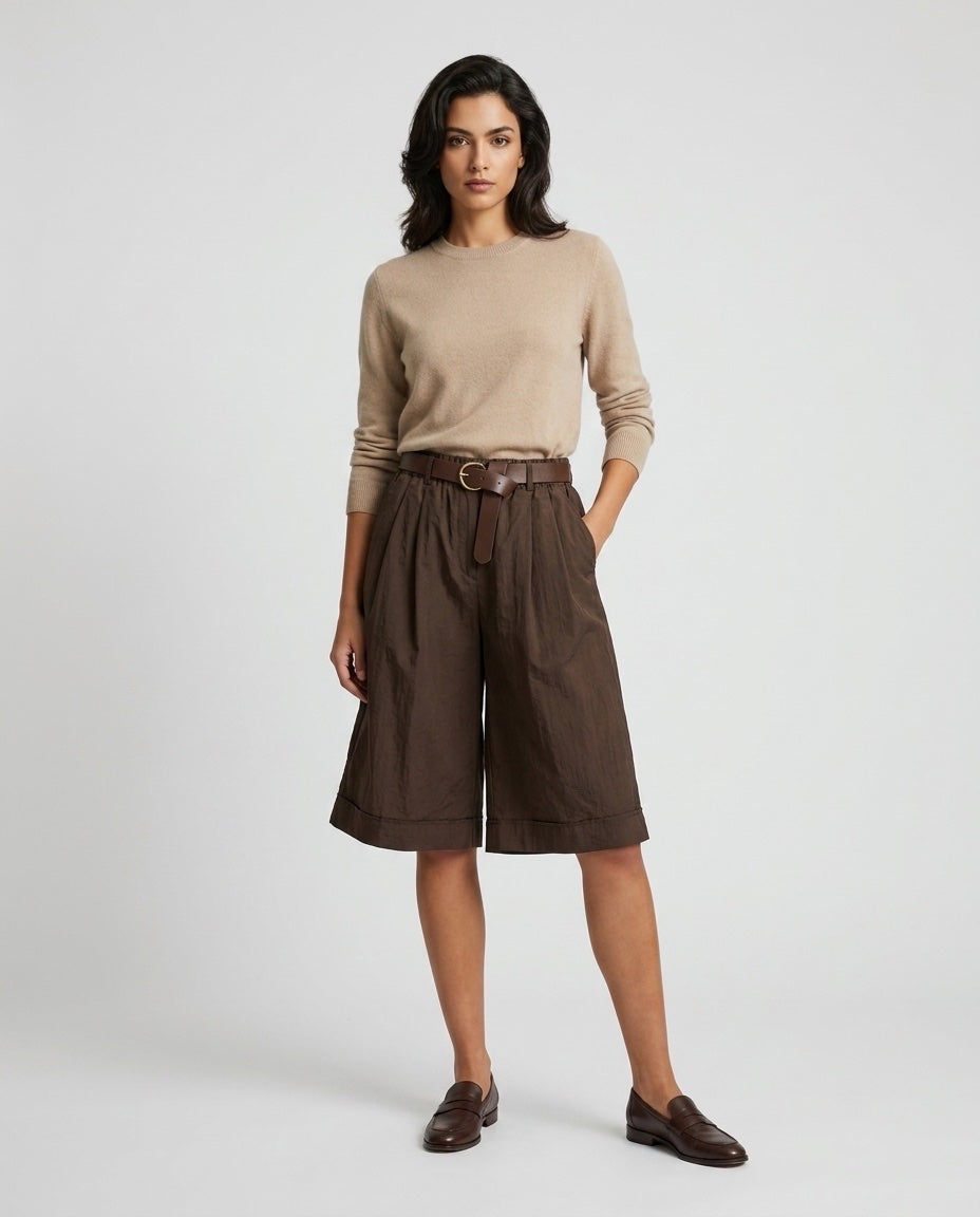 Made in Italy High-Waisted Cotton Wide-Leg Shorts with Belt - Espresso