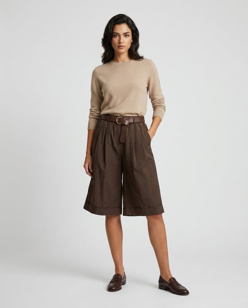 Made in Italy High-Waisted Cotton Wide-Leg Shorts with Belt - Espresso