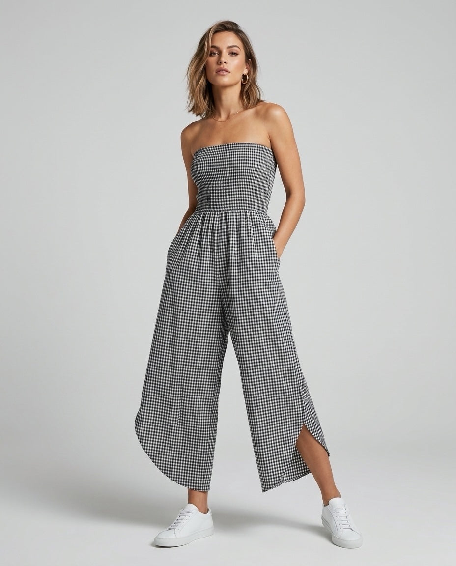 Made in Italy Smocked Strapless Gingham Culotte Jumpsuit - Balck