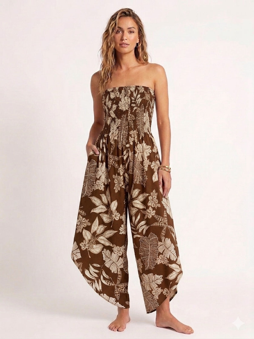 Made in Italy Smocked Strapless Jumpsuit - Saddle Brown
