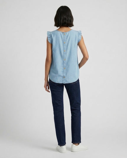 Made in Italy Ruffle Sleeve Denim Blouse with Back Button - Light Sky Blue (2)