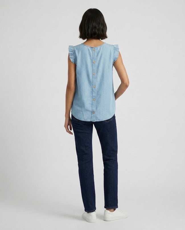 Made in Italy Ruffle Sleeve Denim Blouse with Back Button - Light Sky Blue (2)
