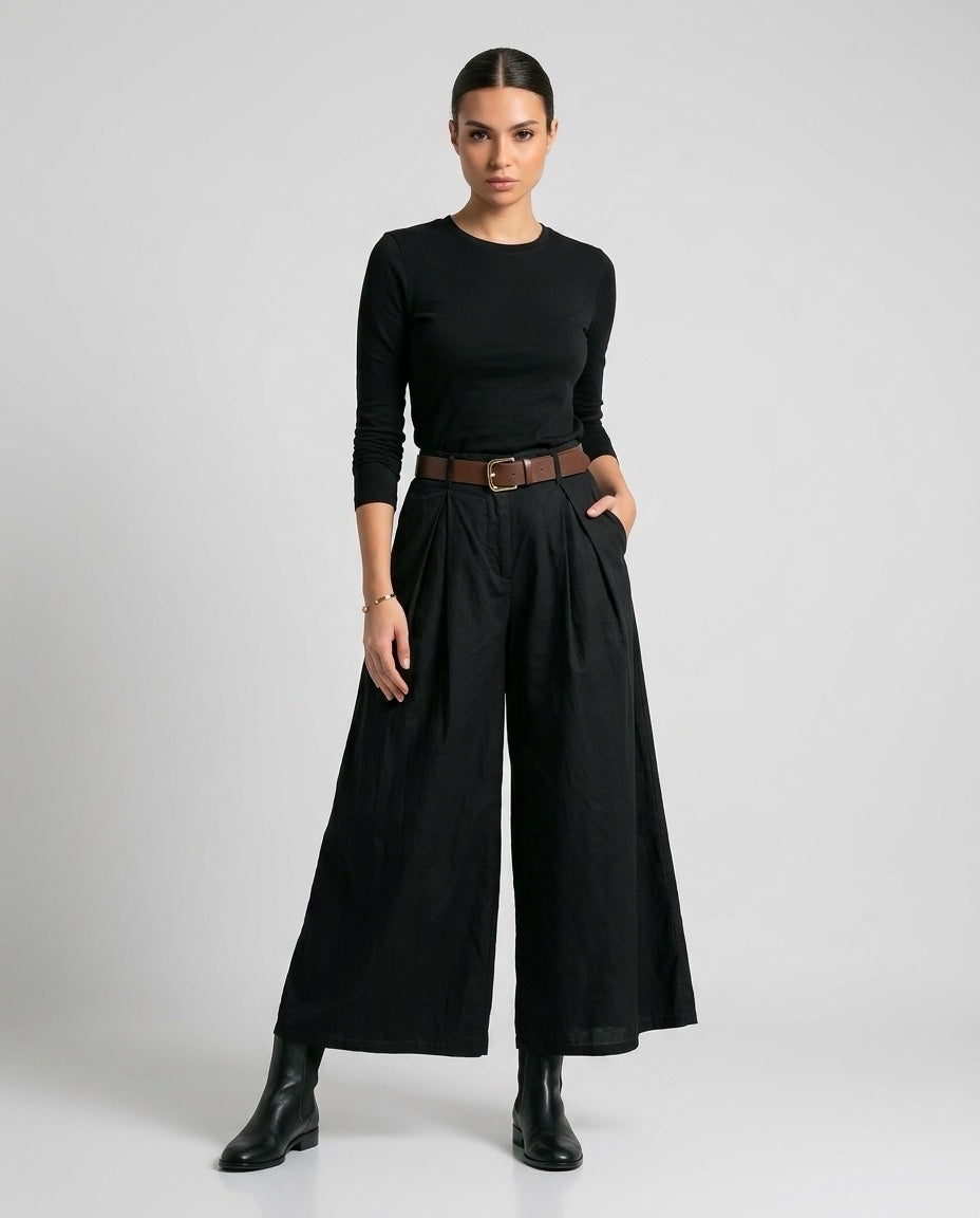 Made in Italy Pleated Wide Leg Palazzo Trouser - Black