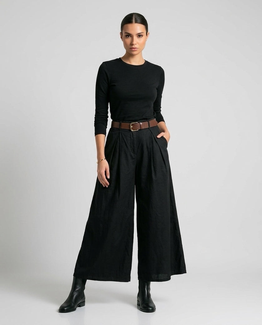 Made in Italy Pleated Wide Leg Palazzo Trouser - Black