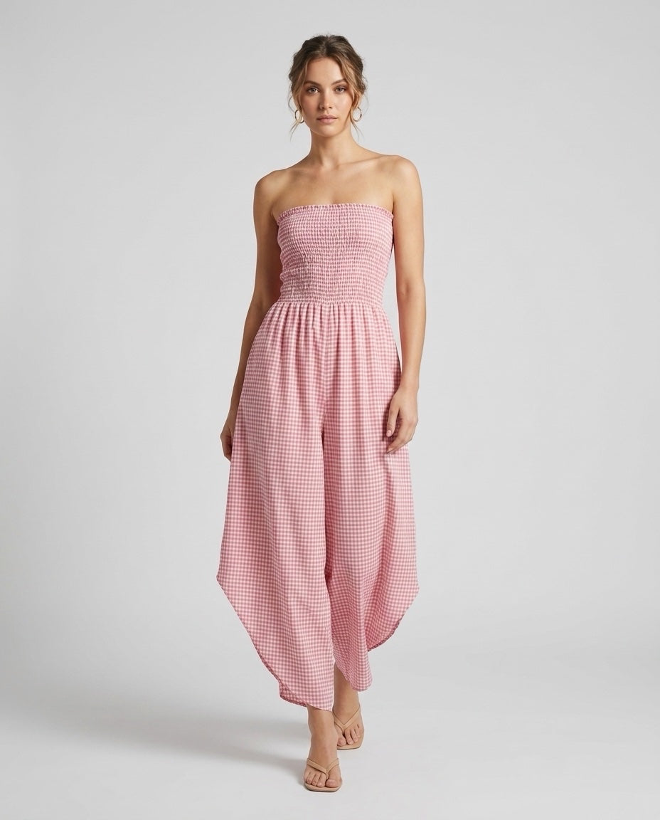 Made in Italy Smocked Strapless Gingham Culotte Jumpsuit - Baby Pink