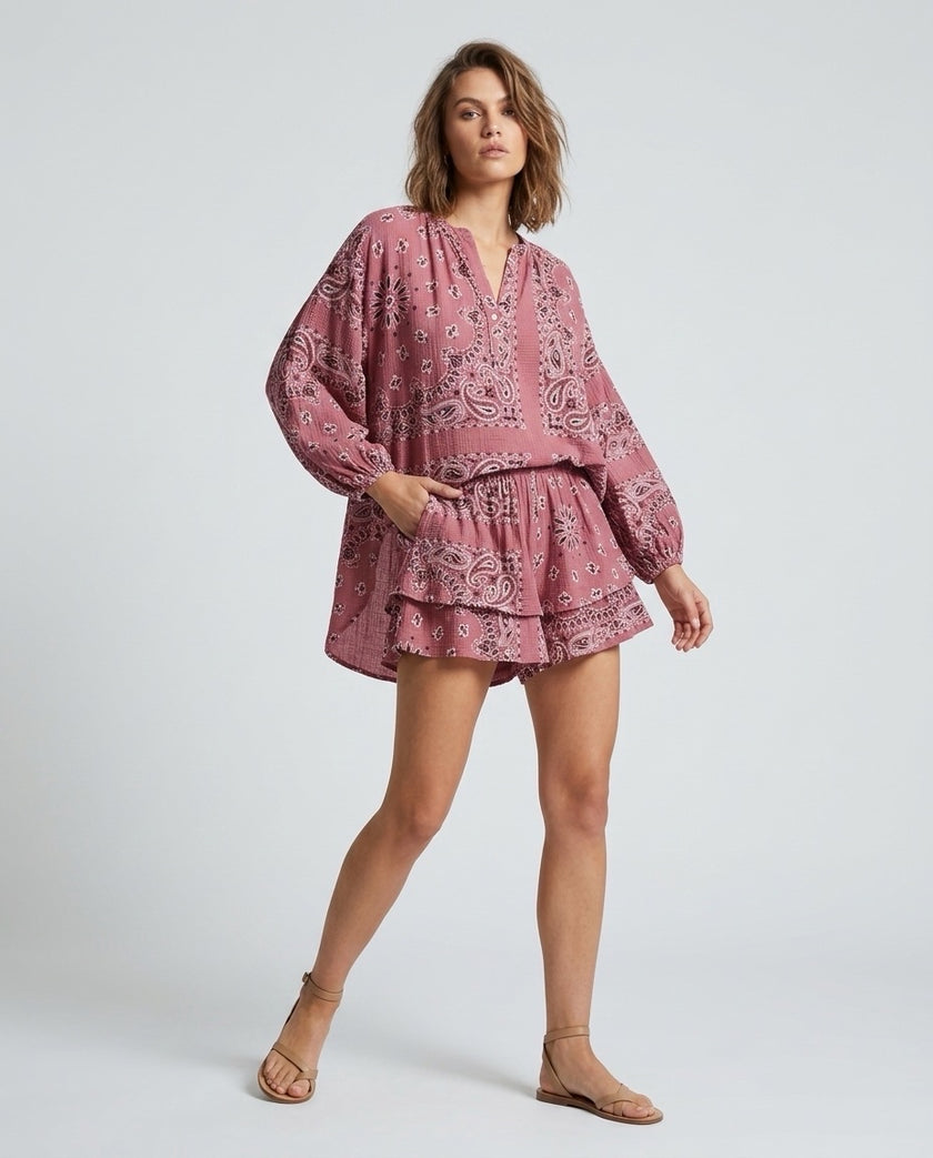 Made in Italy Peasant Blouse and Tiered Shorts Set - Bubblegum