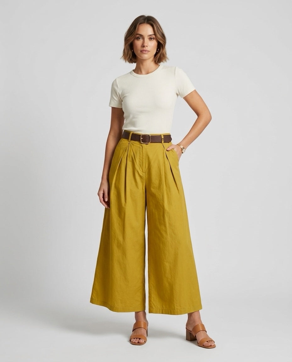 Made in Italy Pleated Wide Leg Palazzo Trouser - Khaki Green