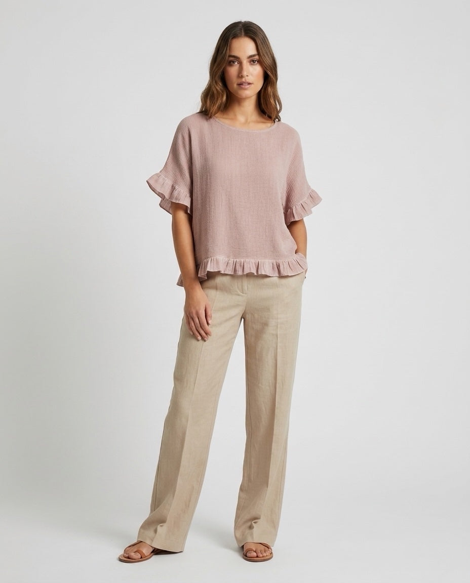 Made in Italy Gauze Top with Ruffle Trim - Baby Pink