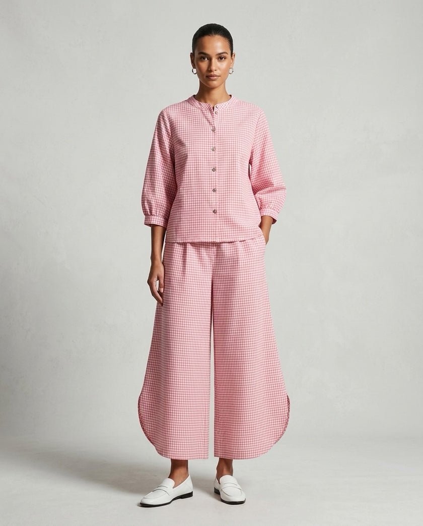 Gingham Check Shirt and Culotte Set - Baby Pink