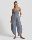 Made in Italy Smocked Strapless Gingham Culotte Jumpsuit - Navy
