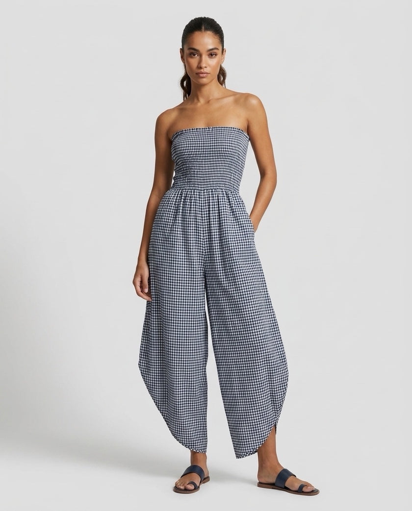 Made in Italy Smocked Strapless Gingham Culotte Jumpsuit - Navy