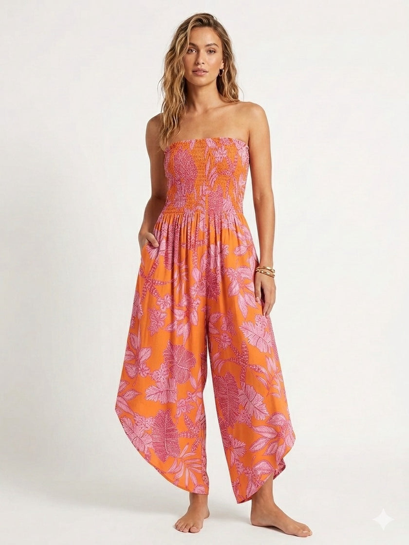 Made in Italy Smocked Strapless Jumpsuit - Dark Orange