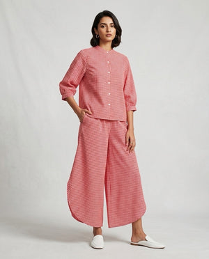 Gingham Check Shirt and Culotte Set - Coral Red