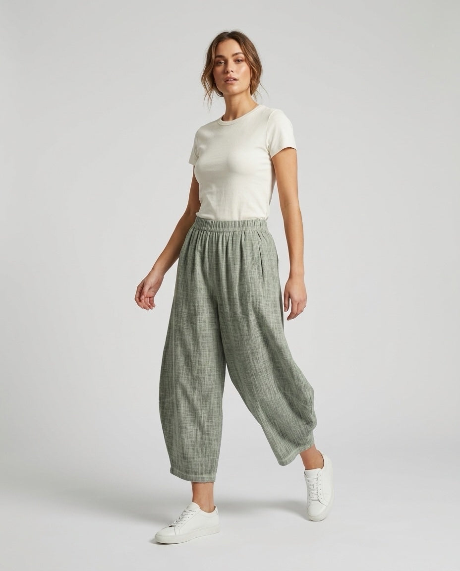 Made in Italy Textured Wide-Leg Trousers - Dark Olive Green