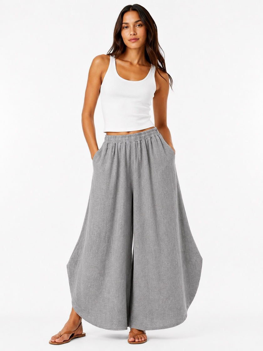 Made in Italy Wide-Leg Linen Blend Palazzo Trousers - Stone