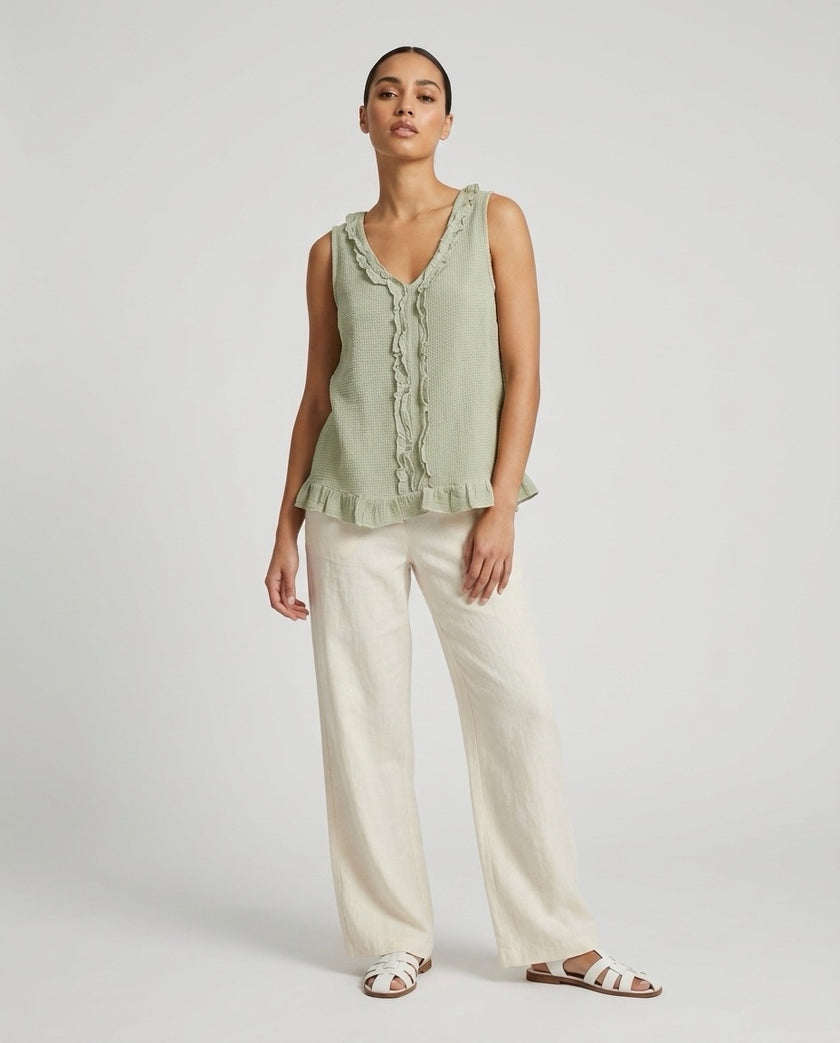 Made in Italy Ruffled V-Neck Sleeveless Blouse - Sage