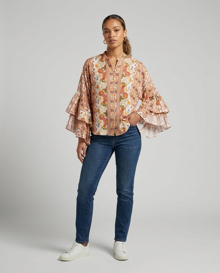 Made in Italy Tiered Sleeve Floral Blouse - Antique White