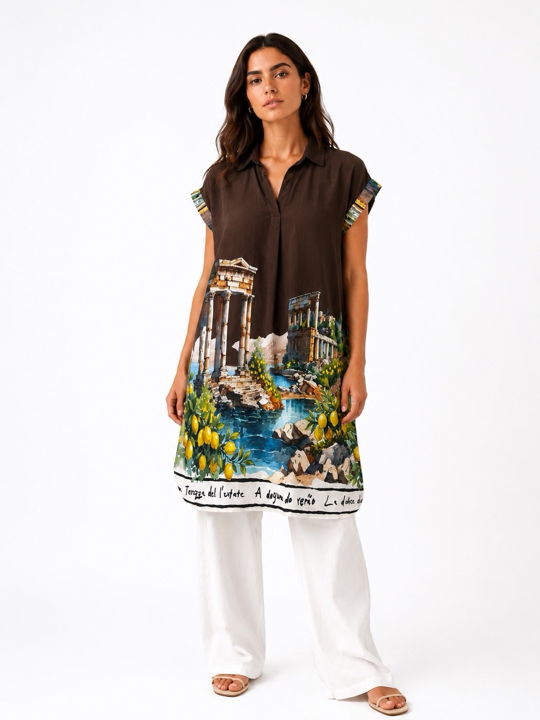 Made in Italy  Ruins Print Midi Dress - Espresso
