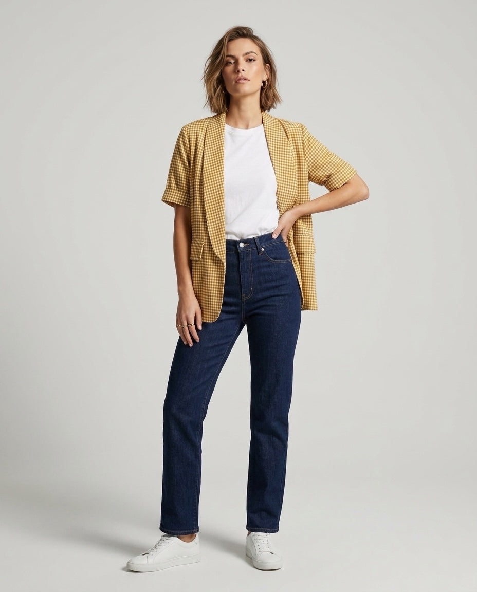 Made in Italy Checked Short Sleeve Blazer - Mustard