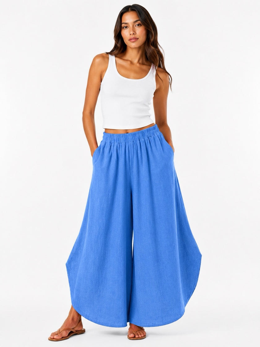 Made in Italy Wide-Leg Linen Blend Palazzo Trousers - Blue