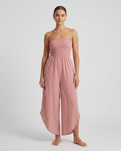 Shirred Gingham Culotte Jumpsuit - Bubblegum