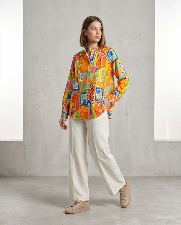 Made in Italy Exotic Botanical Print Blouse - Orange
