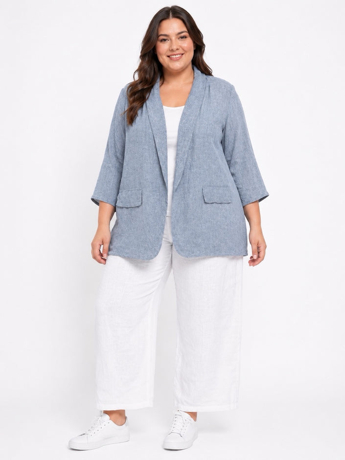 Textured Collarless Blazer - Steel Blue