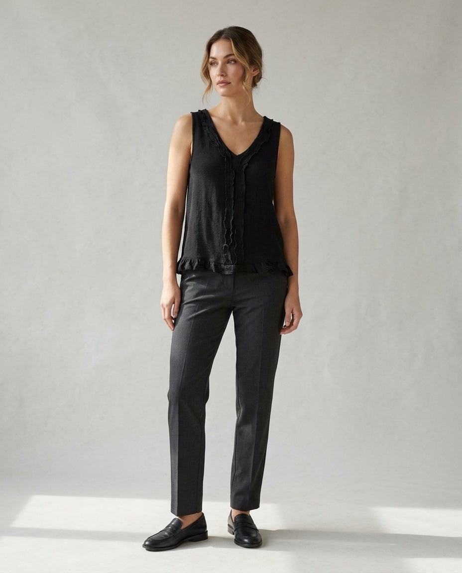 Made in Italy Ruffled V-Neck Sleeveless Blouse - Black