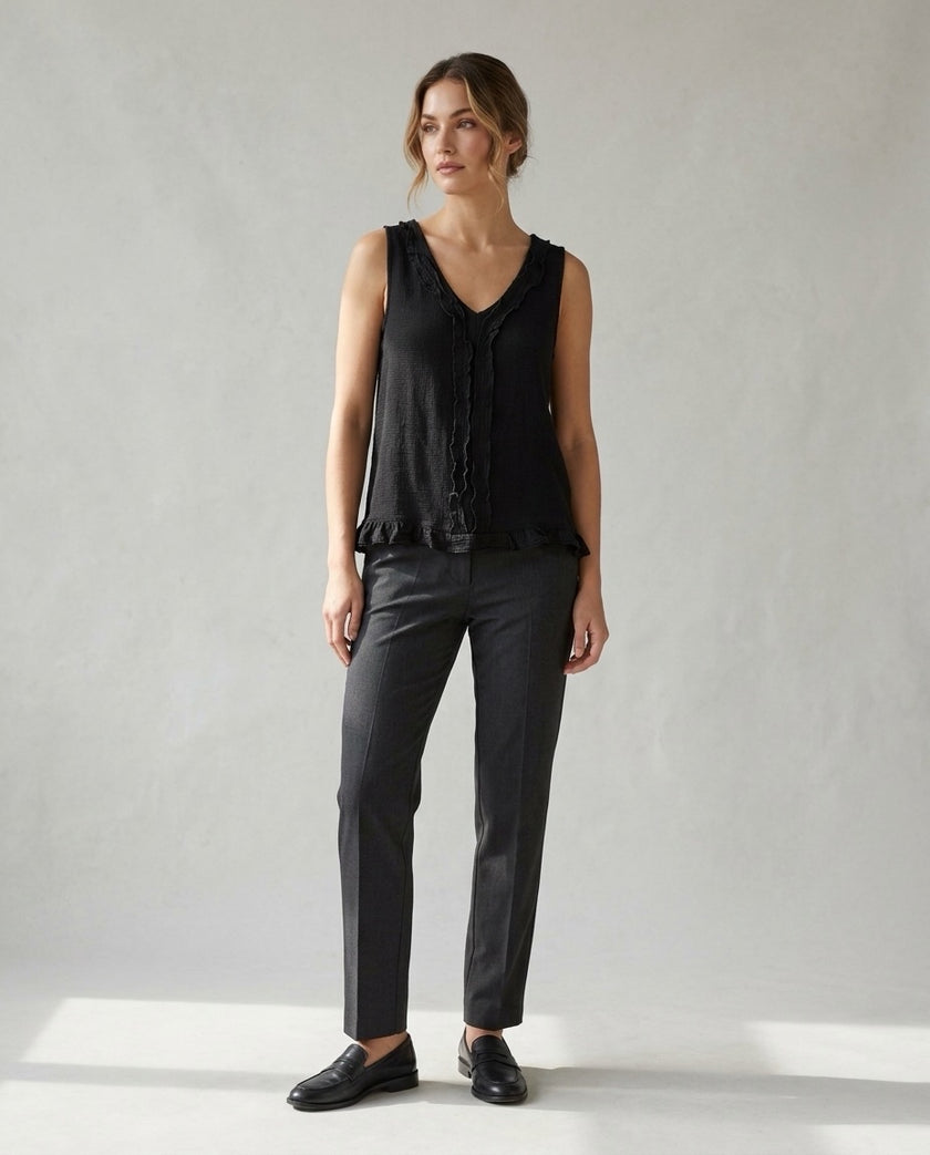 Made in Italy Ruffled V-Neck Sleeveless Blouse - Black
