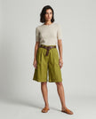 Made in Italy High-Waisted Cotton Wide-Leg Shorts with Belt - Olive